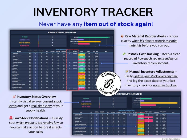 Ultimate Small Business Bundle in dark mode with 4 spreadsheets for Google Sheets and Excel including bookkeeping, inventory tracker, order tracker, pricing calculator, and smart bill calendar. Perfect for small business and handmade sellers to track income, expenses, sales taxes, inventory, customers, product pricing, invoices, profit, and bills in one complete business spreadsheet bundle. Can use for multiple years!
