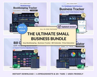 May include: The Ultimate Small Business Bundle, a digital product with Excel and Google Sheets templates. Includes bookkeeping, business, and bill calendar trackers. Features instant download, automated dashboards, and user-friendly design.