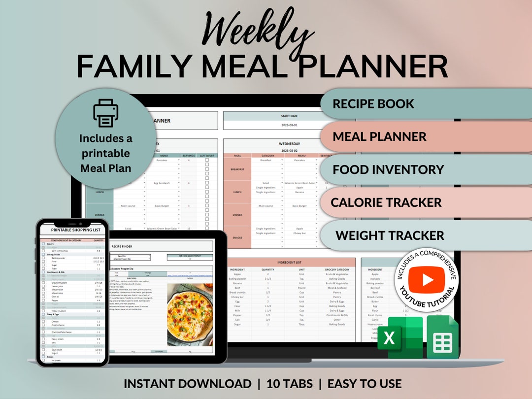 Weekly Meal Planner Spreadsheet Google Sheets Excel Recipe Journal ...