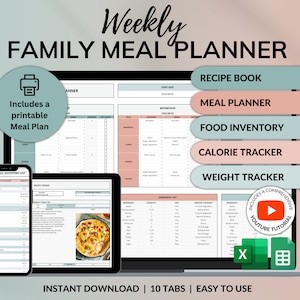 Weekly Meal Planner Spreadsheet Google Sheets Excel Recipe Journal Calorie Tracker Automatic Grocery List Weight Loss Tracker Food Inventory