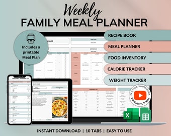 Planificador de comidas semanal, Hoja de cálculo de Google Sheets, Diario de recetas de Excel, Registro de calorías, Lista de compras automática, Registro de pérdida de peso, Inventario de alimentos