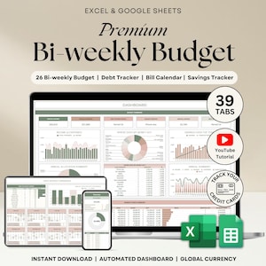 May include: A digital bi-weekly budget template shown on a laptop, tablet, and smartphone. The template includes a dashboard, debt tracker, bill calendar, and savings tracker. The image also includes the text "Premium Bi-weekly Budget" and "Instant Download".