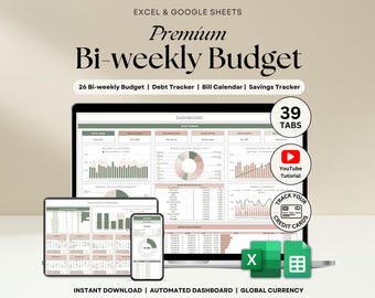 Tweewekelijks budgetspreadsheet Excel Salaris Budgettracker Google Spreadsheets Halfmaandelijkse budgetplanner voor koppels Schuldentracker Spaargeldtracker