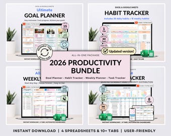 Pakiet produktywności Śledzenie nawyków Arkusze Google Excel Planer dzienny i tygodniowy na rok 2026 Tablica wizualizacji Śledzenie zadań Tygodniowe blokowanie czasu