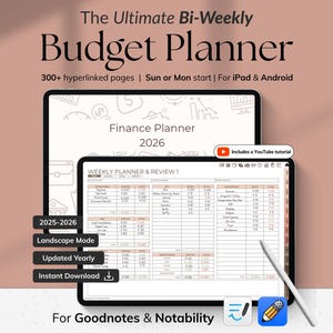 May include: Digital bi-weekly budget planner for iPad and Android. The planner includes over 300 hyperlinked pages, with options for Sun or Mon start. Features include landscape mode, yearly updates, and instant download. Includes a YouTube tutorial.