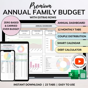 Family Annual Budget Monthly Budget Biweekly Tracker Excel Spreadsheet Google Sheets Couple Financial Planner Bill Calendar Debt Tracker