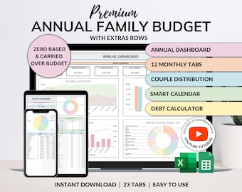 Family Annual Budget Monthly Budget Biweekly Tracker Excel Spreadsheet Google Sheets Couple Financial Planner Bill Calendar Debt Tracker
