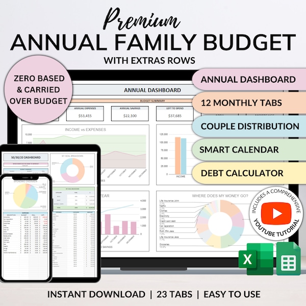 Presupuesto anual familiar Presupuesto mensual Seguimiento quincenal Hoja de cálculo de Excel Hojas de cálculo de Google Planificador financiero para parejas Calendario de facturas Seguimiento de deudas