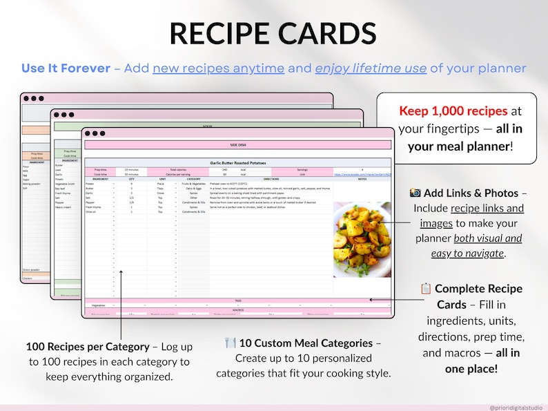 Weekly Meal Planner Spreadsheet for Google Sheets and Excel – organize your family meals, track recipes, plan grocery lists, monitor calories and macros, log hydration and weight, and manage food inventory automatically. Includes 15 tabs for recipes, meal scheduling, printable shopping lists, and weight loss tracking. Perfect for efficient meal planning and healthy eating.