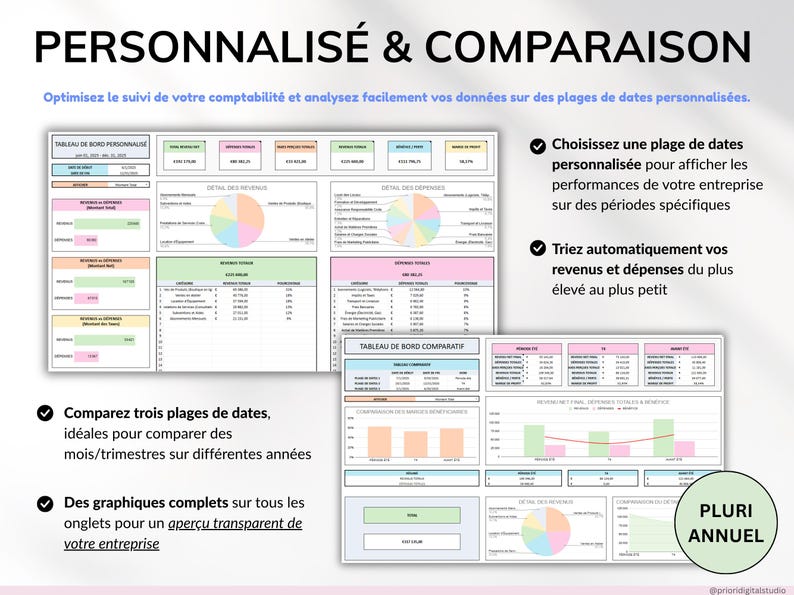 Tableur de comptabilité pour petites entreprises, modèle Excel et Google Sheets pour suivi des revenus, dépenses, profits, taxes et kilométrage. Planificateur financier intelligent, tableau de bord mensuel, trimestriel et annuel, suivi des transactions récurrentes. Idéal pour PME et entrepreneurs, gestion facile et efficace de la comptabilité, suivi des finances, modèle numérique tout-en-un pour petites entreprises et business.