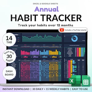 Jaarlijkse gewoonte-tracker Spreadsheet Google Spreadsheets Excel Dagelijkse gewoonte-planner Wekelijkse ADHD-planner Routineplanner Donkere modus Jaarlijkse gewoonte-tracker