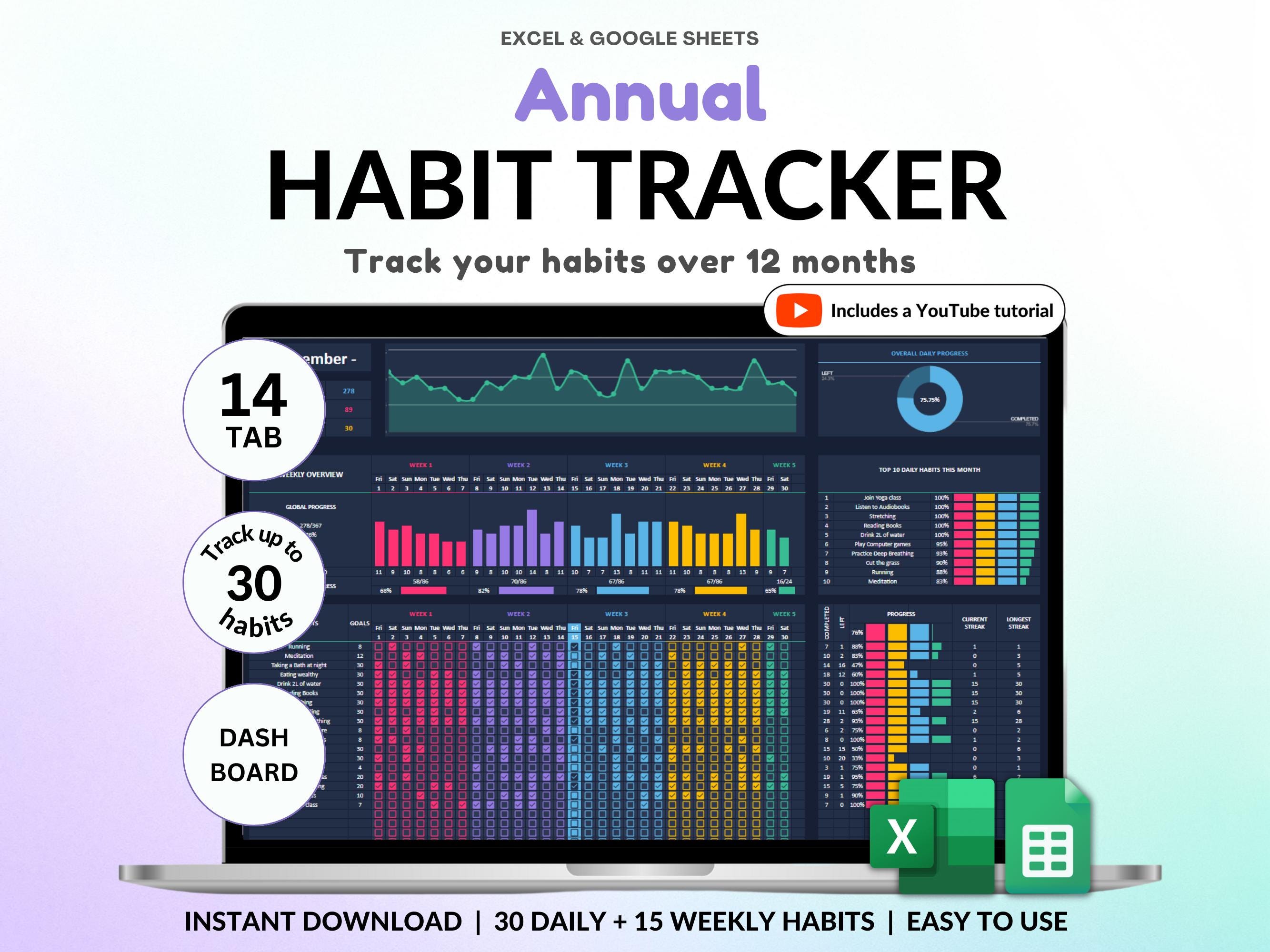 Jährlicher Habit Tracker Tabelle Google Sheets Excel Täglicher Habitplaner Wöchentlicher ADHD Planer Routineplaner Dunkelmodus Jährlicher Habit Tracker