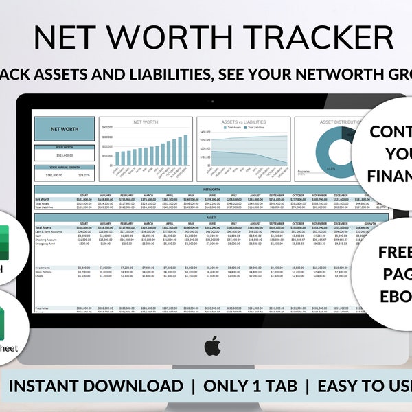 Suivi de la valeur nette Feuille de calcul Google Sheet Excel Calculatrice de la valeur nette Tableau de bord financier Modèle Actif Passif Planificateur de finances personnelles