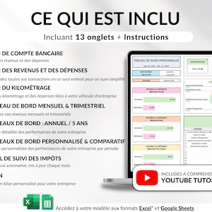 Tableur de comptabilité pour petites entreprises, modèle Excel et Google Sheets pour suivi des revenus, dépenses, profits, taxes et kilométrage. Planificateur financier intelligent, tableau de bord mensuel, trimestriel et annuel, suivi des transactions récurrentes. Idéal pour PME et entrepreneurs, gestion facile et efficace de la comptabilité, suivi des finances, modèle numérique tout-en-un pour petites entreprises et business.