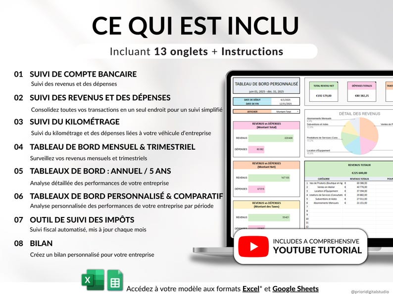 Tableur de comptabilité pour petites entreprises, modèle Excel et Google Sheets pour suivi des revenus, dépenses, profits, taxes et kilométrage. Planificateur financier intelligent, tableau de bord mensuel, trimestriel et annuel, suivi des transactions récurrentes. Idéal pour PME et entrepreneurs, gestion facile et efficace de la comptabilité, suivi des finances, modèle numérique tout-en-un pour petites entreprises et business.