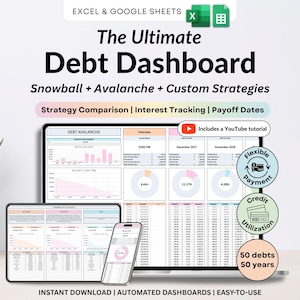 Ultimate Debt Dashboard spreadsheet to track and pay off debt with snowball, avalanche, or custom strategy with custom payment amounts. Includes debt payoff tracker, debt payoff spreadsheet, credit card and loan tracker, mortgage and student loan payoff calculator, credit score tracker and credit utilization tracking, monthly dashboard, repayment calculator. Google Sheets and Excel debt tracker for personal finance, budget planner, financial planner.