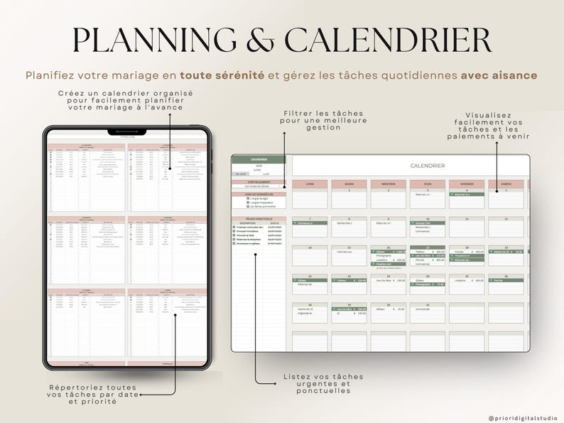Planner de mariage numérique en français compatible Excel et Google Sheets. Suivi du budget, liste d'invités, plan de table, itinéraire, lune de miel, checklist de mariage, fiançailles, gestion des cadeaux et plus. Parfait pour planifier un mariage de A à Z. Téléchargement instantané, idéal pour les couples organisés. Outil tout-en-un pour mariage civil, religieux ou destination.