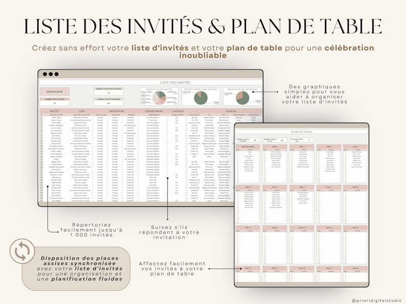 Planner de mariage numérique en français compatible Excel et Google Sheets. Suivi du budget, liste d'invités, plan de table, itinéraire, lune de miel, checklist de mariage, fiançailles, gestion des cadeaux et plus. Parfait pour planifier un mariage de A à Z. Téléchargement instantané, idéal pour les couples organisés. Outil tout-en-un pour mariage civil, religieux ou destination.