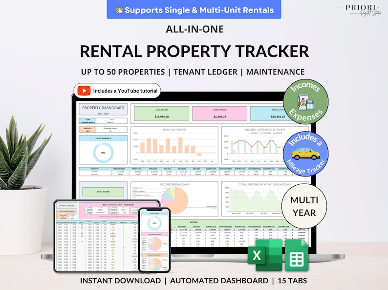 Rental Property Tracker Landlord Spreadsheet Multi Property Income and Expense Excel Google Sheets Rental Bookkeeping Rent Payment Tracker Tenant Ledger Property Management Real Estate Finances