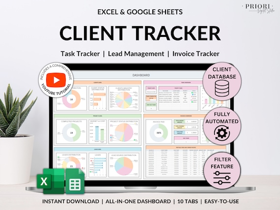 Client Tracker Spreadsheet for Small Business w/ Task Tracker Customer CRM Dashboard Google Sheets Excel Lead Management Invoice Tracker