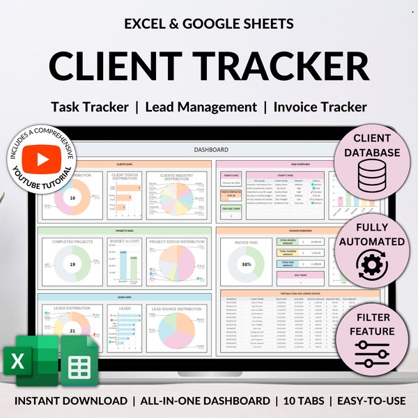 Kunden Tracker Tabelle für Small Business mit Aufgaben Tracker Kunden crm Dashboard Google Sheets Excel Blei-Aufsicht-Rechnungs-Tracker