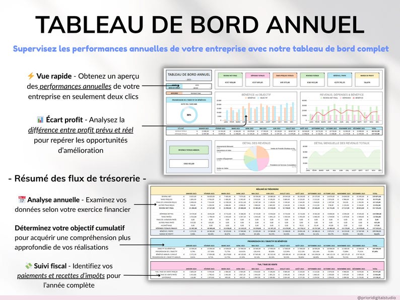 Tableur de comptabilité pour petites entreprises, modèle Excel et Google Sheets pour suivi des revenus, dépenses, profits, taxes et kilométrage. Planificateur financier intelligent, tableau de bord mensuel, trimestriel et annuel, suivi des transactions récurrentes. Idéal pour PME et entrepreneurs, gestion facile et efficace de la comptabilité, suivi des finances, modèle numérique tout-en-un pour petites entreprises et business.