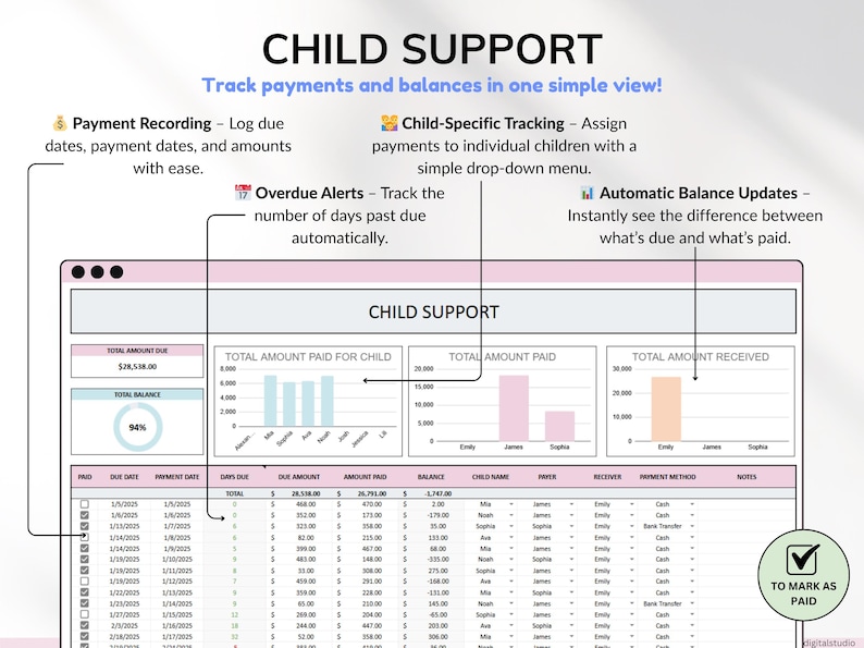 Co-parenting planner for Google Sheets to help divorced or separated parents track custody schedules, child support, shared expenses, and visitation. Includes automated calendar, recurring and one-time schedules, and expense tracking to simplify co-parenting and financial management. Perfect digital tool for organized, stress-free custody and parenting coordination.