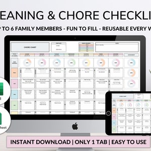 Familieklusjesschema Google Spreadsheet Excel voor drukke moeders Familie wekelijkse kalender Schoonmaakchecklist Dagelijkse klusjesgrafiek voor het schoonmaakschema voor kinderen