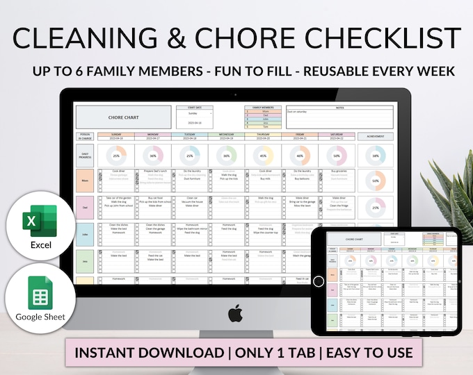 Printable Chore Chart Google Sheet Excel Template Planner, Family Chore ...
