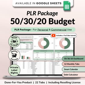 PLR Monthly Budget 50/30/20 Annual Budget Planner Commercial Use PLR Google Sheets Spreadsheet Master Resell Rights PLR Budget Template