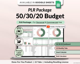 PLR Monthly Budget 50/30/20 Annual Budget Planner Commercial Use PLR Google Sheets Spreadsheet Master Resell Rights PLR Budget Template