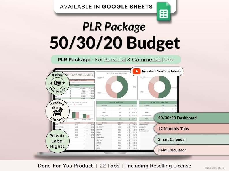 PLR Monthly Budget 50/30/20 Annual Budget Planner Commercial Use PLR Google Sheets Spreadsheet Master Resell Rights PLR Budget Template
