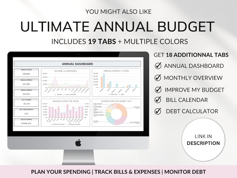 You might like it page with ultimate annual budget displayed in multicolor on a computer screen. All the characteristic are listed; annual dashboard, a tab for each month, snowball debt calculator, sinking funds, etc.
