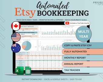 Etsyの簿記スプレッドシート、小規模ビジネス簿記、収入支出利益トラッカー、Googleスプレッドシート、Excel会計テンプレート、税金トラッカー