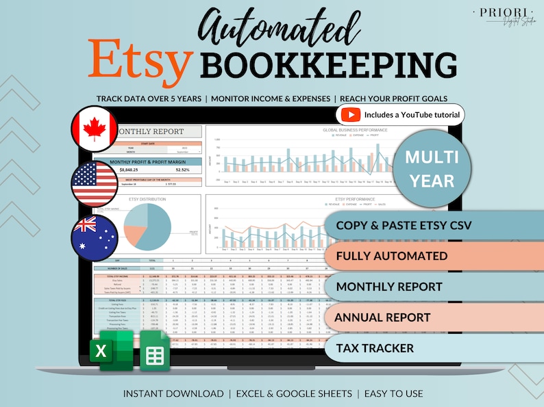 Etsy Bookkeeping Spreadsheet Small Business Bookkeeping Income Expense Profit Tracker Google Sheets Excel Accounting Template Tax Tracker