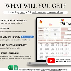 All-Occasion Gift Tracker Spreadsheet for birthdays, weddings, baby showers, and special occasions. Track recipient names, gift ideas, stores, budgets, and spending in one easy dashboard. Monitor progress for each gift, compare budget vs actual costs, and keep everything organized. Works with any currency and simplifies gift planning, shopping, and budgeting for stress-free gifting all year round.