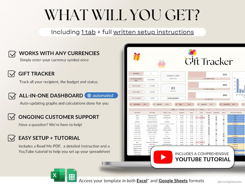 All-Occasion Gift Tracker Spreadsheet for birthdays, weddings, baby showers, and special occasions. Track recipient names, gift ideas, stores, budgets, and spending in one easy dashboard. Monitor progress for each gift, compare budget vs actual costs, and keep everything organized. Works with any currency and simplifies gift planning, shopping, and budgeting for stress-free gifting all year round.