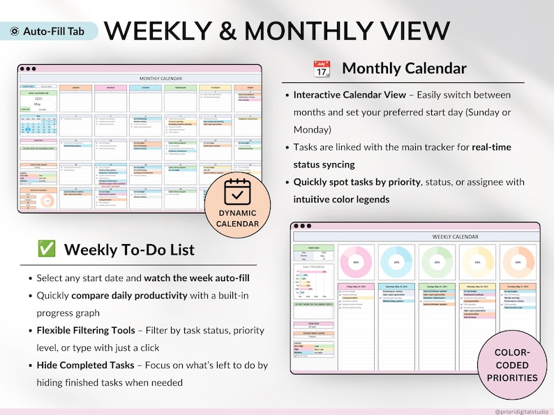 Project Management Spreadsheet for Excel and Google Sheets designed for small businesses, teams, and freelancers. Includes dashboards, recurring tasks, Gantt chart, Kanban board, Eisenhower matrix, task tracker, project timeline, and schedule templates
