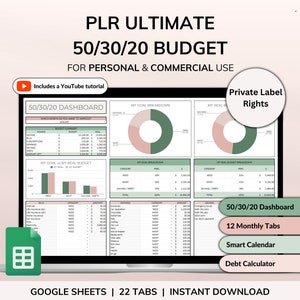 PLR Monatliches Budget 50/30/20 Jahresbudgetplaner Kommerzielle Nutzung PLR Google Sheets Spreadsheet Master Wiederverkaufsrechte PLR Budget Vorlage