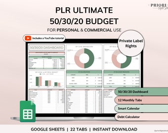 PLR Monatliches Budget 50/30/20 Jahresbudgetplaner Kommerzielle Nutzung PLR Google Sheets Spreadsheet Master Wiederverkaufsrechte PLR Budget Vorlage