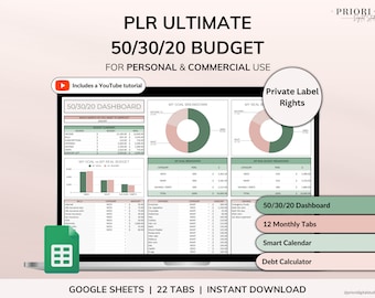 Presupuesto mensual PLR 50/30/20 Planificador de presupuesto anual Uso comercial PLR Google Sheets Hoja de cálculo Maestro Derechos de reventa Plantilla de presupuesto PLR