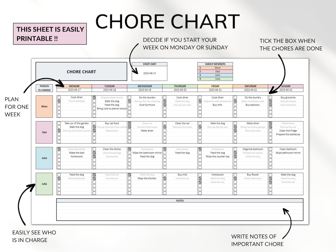 Printable Chore Chart Google Sheet Excel Template Planner - Etsy Canada