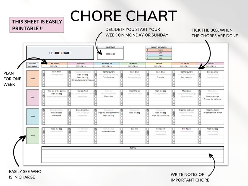 Printable Chore Chart Google Sheet Excel Template Planner, Family Chore