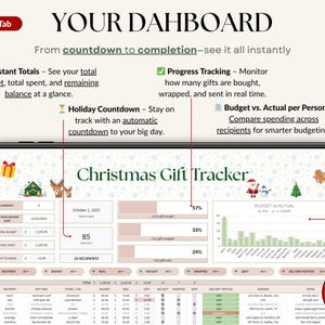 Holiday Gift Tracker Spreadsheet for Christmas budgeting and planning. Manage recipient names, gift ideas, stores, purchase links, and budgets in one dashboard. Track budget vs actual spending, see auto-updating charts, and monitor gift status bought, wrapped, and sent. Works with any currency and simplifies your holiday shopping with a clear all-in-one template.