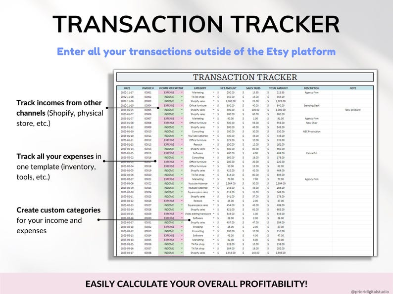 Etsy Seller Bookkeeping Spreadsheet Small Business Planner Income Expense Profit Tracker Google Sheets Excel Accounting Template Tax Tracker
