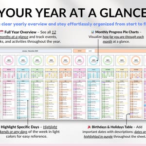 Year at a Glance Planner Spreadsheet for Google Sheets and Excel, undated yearly overview with monthly calendars, event tracker, birthdays, holidays, and tasks. Perfect for planning 2026, tracking important dates, staying organized, and managing goals throughout the year with an easy-to-use digital spreadsheet. Start anytime and reuse year after year!