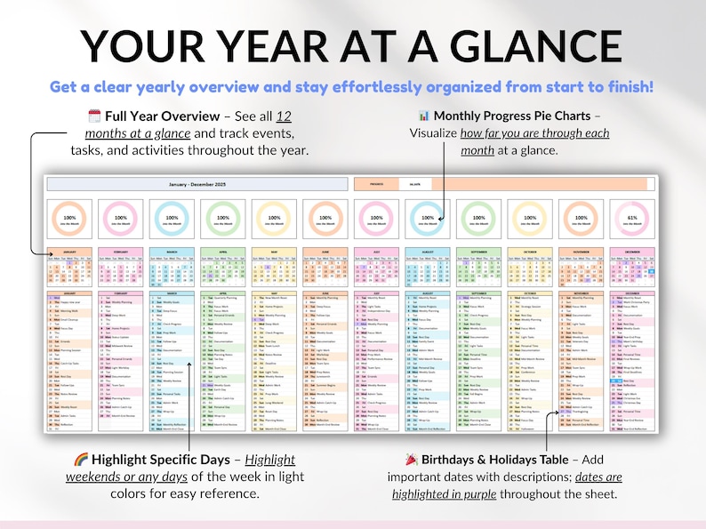 Year at a Glance Planner Spreadsheet for Google Sheets and Excel, undated yearly overview with monthly calendars, event tracker, birthdays, holidays, and tasks. Perfect for planning 2026, tracking important dates, staying organized, and managing goals throughout the year with an easy-to-use digital spreadsheet. Start anytime and reuse year after year!