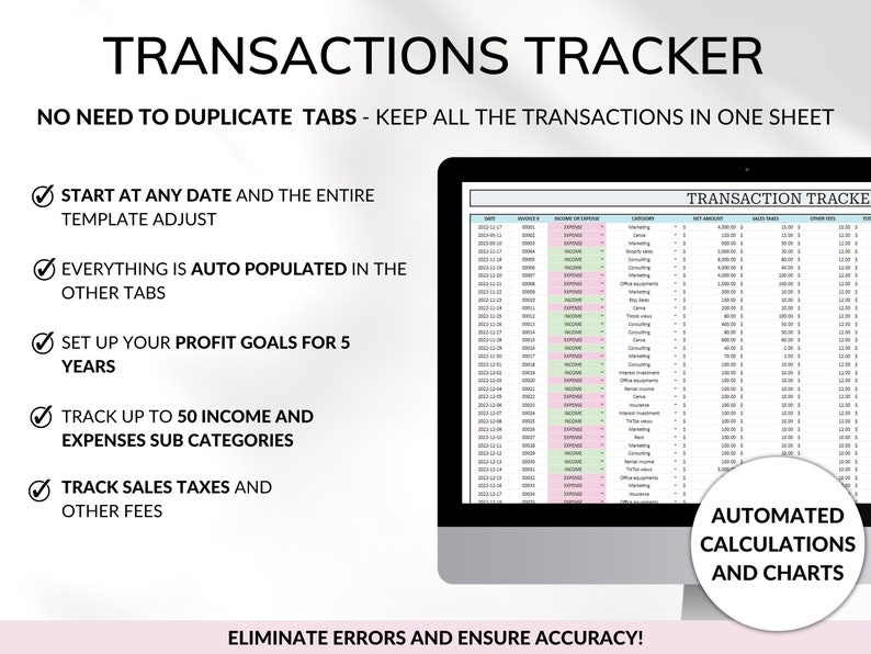 Small Business Bookkeeping Spreadsheet Google Sheets Excel Business Template Expense Bill Tracker Transaction Tracker