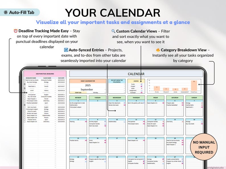 All-in-one student planner for college and school! Track assignments, exams, and deadlines. Includes finance tracker, class schedule, weekly calendar, to-do list, attendance log, reading tracker, contact list, and more. Prioritize tasks, monitor schoolwork, and visualize your schedule. Perfect academic planner for staying organized all semester. Ideal for students and college life!