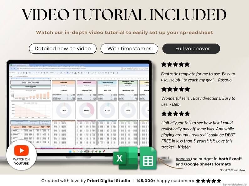 Ultimate Debt Dashboard spreadsheet to track and pay off debt with snowball, avalanche, or custom strategy with custom payment amounts. Includes debt payoff tracker, debt payoff spreadsheet, credit card and loan tracker, mortgage and student loan payoff calculator, credit score tracker and credit utilization tracking, monthly dashboard, repayment calculator. Google Sheets and Excel debt tracker for personal finance, budget planner, financial planner.